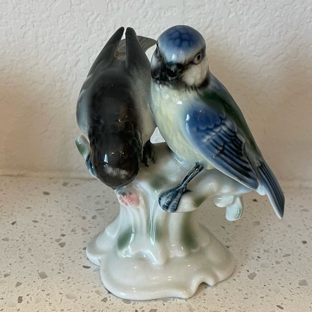 Porcelain Blue and Green Bird Figurine - Decorative Home Accent
